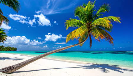 Palm tree on tropical beach at Seychelles, Maheの素材