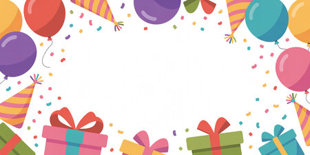 Birthday party background with balloons and gift boxes. Vector illustration.の素材