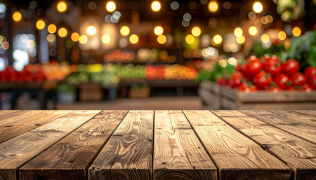 Empty wooden table in front of abstract blurred background of grocery store or supermarketの素材