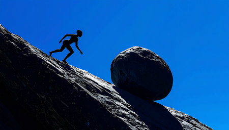 Man climbing a rock with a big stone on the background of blue skyの素材