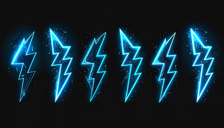 Neon electric lightning icon set on dark background. Vector illustration.の素材
