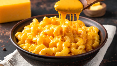 Macaroni and cheese in a bowl on a dark background.の素材