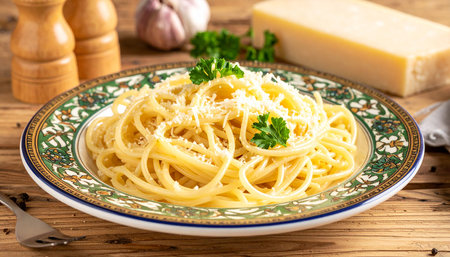 Spaghetti carbonara with parmesan cheese and parsley on a plateの素材