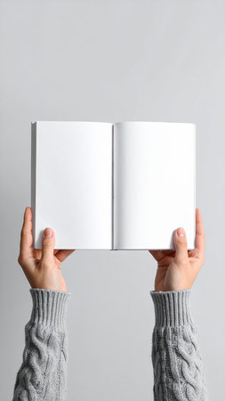 Woman holding blank book on grey background, closeup. Mockup for designの素材