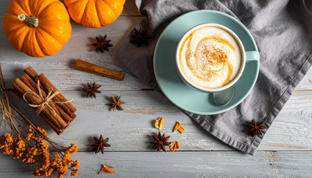 Cappuccino with cinnamon and pumpkins on a wooden backgroundの素材