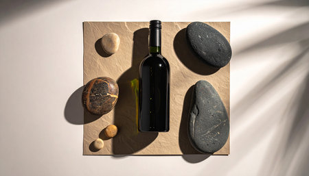 Bottle of wine and stones on a white background with shadows.の素材