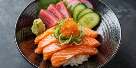 Salmon Sashimi - Japanese food style on black stone backgroundの素材