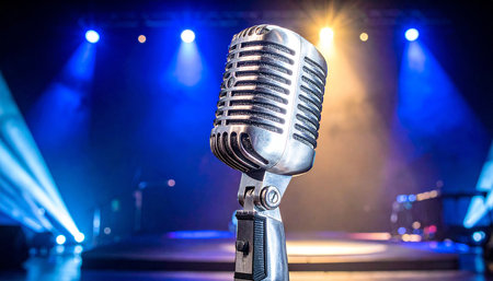 Retro microphone on stage with stage lights in the background. Music conceptの素材