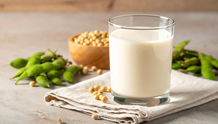Glass of soy milk with soybean pods on a wooden table.の素材