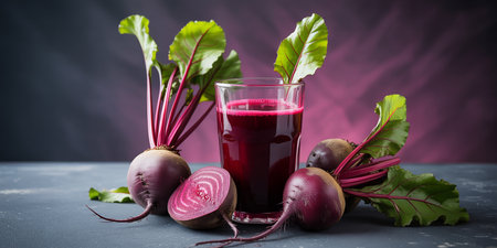 Glass of fresh beetroot juice with fresh beetroots on dark backgroundの素材