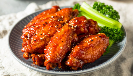 Barbecue Chicken Wings with Sesame and Celery on a Plateの素材
