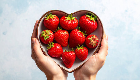 Strawberries in heart shaped bowl in female hands on blue backgroundの素材