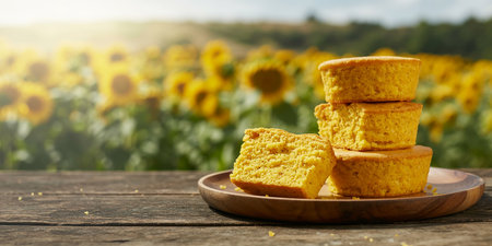 Cornbread on wooden plate with sunflowers field in background.の素材