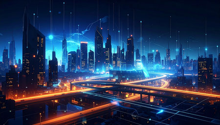 Highway and city at night with lights and digital interface, vector illustrationの素材