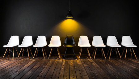 Row of white chairs with a lamp in a dark room. 3d renderingの素材