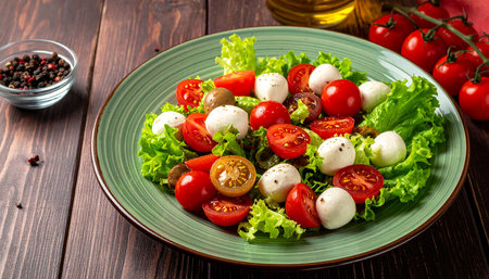 Caprese salad with cherry tomatoes and mozzarella cheese on wooden backgroundの素材
