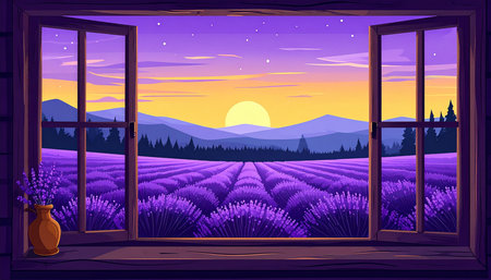Open window with view of lavender field at sunset. Cartoon vector illustrationの素材
