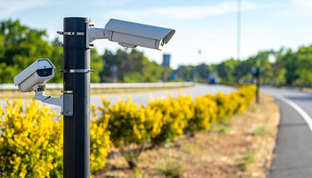 security camera on the road with blue sky and white clouds background.の素材