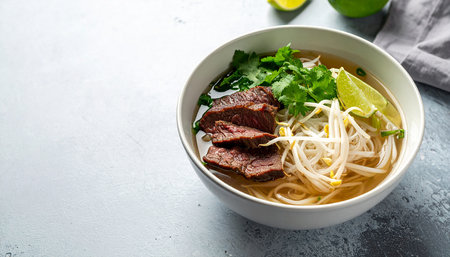 Ramen noodles soup with beef in bowl over stone background with copy spaceの素材