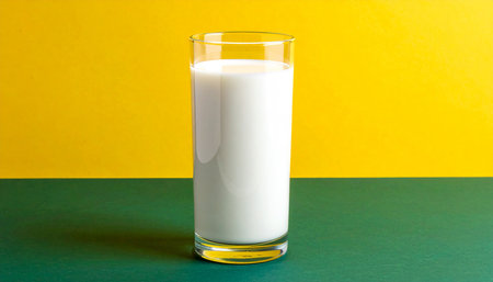 Glass of milk on a yellow and green background with copy space.の素材
