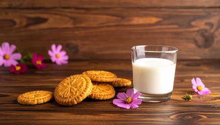 Glass of milk and cookies on wooden background. Healthy breakfast concept.の素材