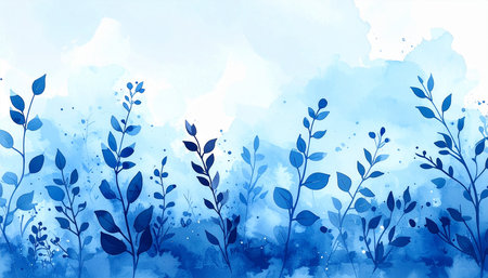 Blue watercolor floral background with branches and leaves. Vector illustration.の素材