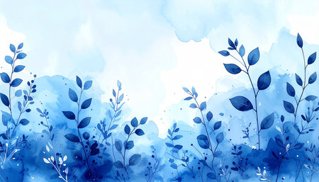 Watercolor floral background with blue flowers and leaves. Vector illustration.の素材