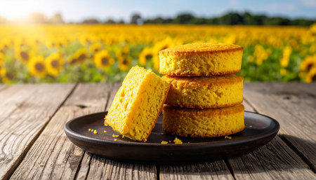 Homemade corn cake on wooden table with sunflower field background.の素材