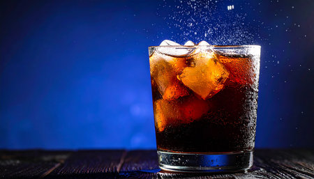cola with ice cubes in a glass on a dark blue backgroundの素材