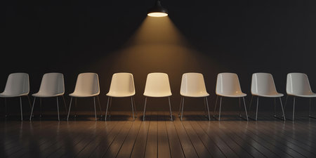 Row of white chairs with lamp in dark room. 3D renderingの素材