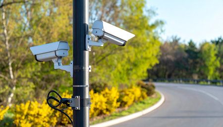 CCTV security camera or surveillance system on the road in the parkの素材
