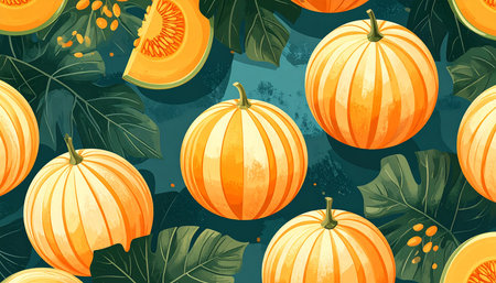Seamless pattern with pumpkins and leaves. Vector illustration.の素材