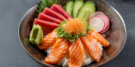 Japanese food, salmon sashimi with rice, avocado and radishの素材
