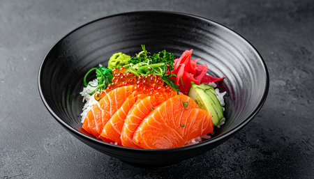Salmon Sashimi with Rice and Avocado in Black Bowlの素材