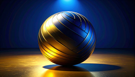 3d rendering of golden fitness ball in a dark room with lightsの素材