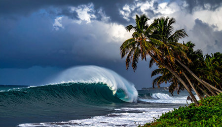 Hawaiian ocean wave and palm trees in Maui, Hawaiiの素材