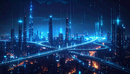 Highway in the city at night with neon lights. 3d renderingの素材