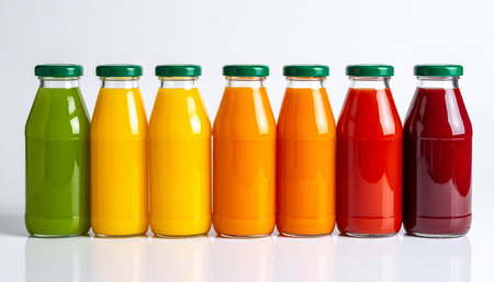 bottles of juice on a white background, orange, red, yellowの素材