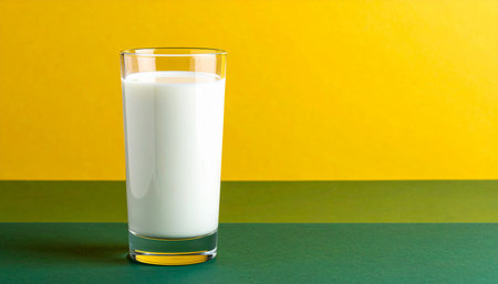 Glass of milk on a green and yellow background with copy space.の素材
