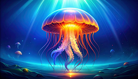 Illustration of a jellyfish in the sea at night with rays of lightの素材