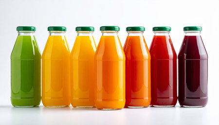 Bottles of fruit juice on white background. Fresh fruit juices.の素材