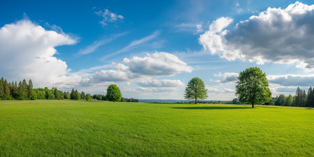 Panorama of green meadow with trees and blue sky with cloudsの素材