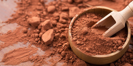 Cocoa powder in a wooden scoop on a wooden background.の素材