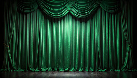 Theater stage with green velvet curtain. 3d render illustration.の素材