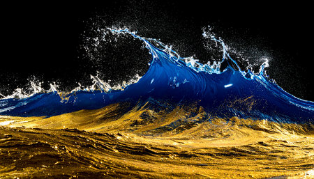 Blue and yellow water wave with splashes on black background. 3d renderingの素材