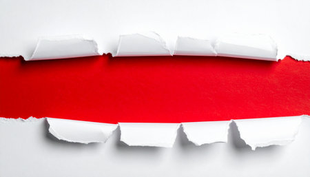 Hole ripped in white paper on red background with space for textの素材