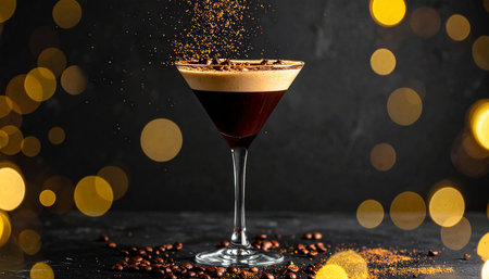 Coffee cocktail with whipped cream and coffee beans on dark backgroundの素材