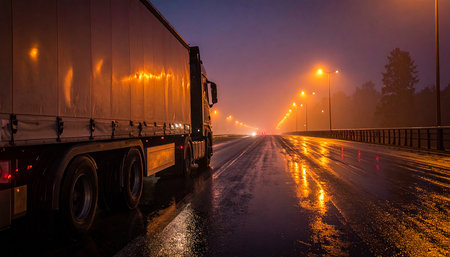 Truck on the road at night with fog in the background.の素材