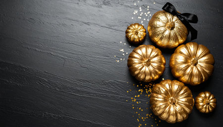 Golden decorative pumpkins on black background. Top view with copy spaceの素材