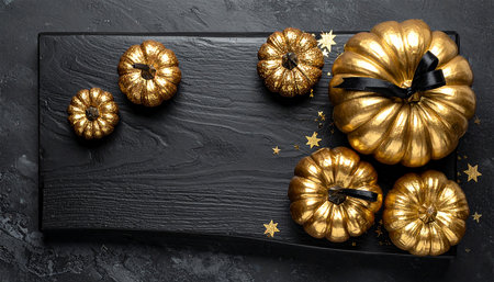 Halloween background with golden pumpkins on black slate board. Top view with copy spaceの素材